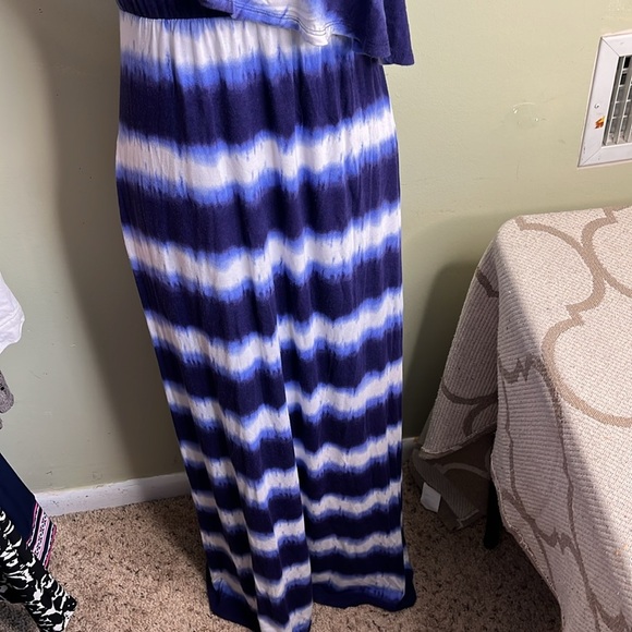 Soma Soft Jersey One Shoulder Ruffle Tie Dyed Stripe Navy Maxi Dress,size medium - Picture 7 of 9